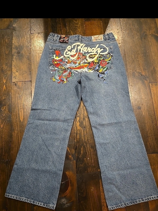 Ed Hardy Denim - Ed Hardy Blue Denim Wide-Leg Jeans with Colorful Embroidered Back